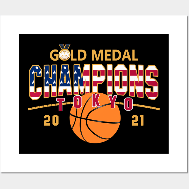 USA Basketball Gold Medel Tokyo 2021 Champions American Flag Wall Art by justiceberate